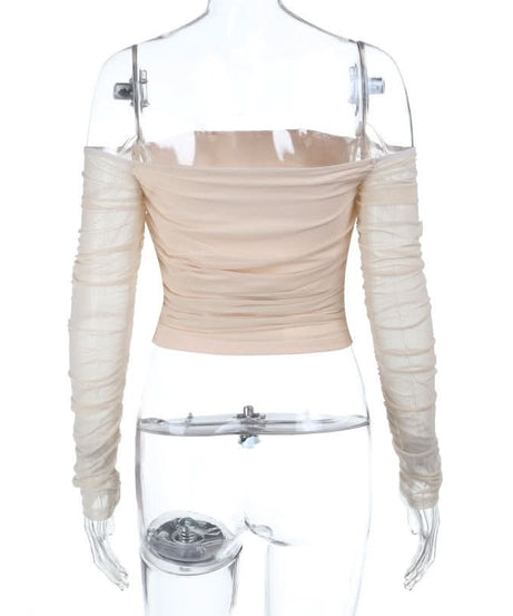 Chic Fall Nights: Off-Shoulder Ruched Mesh Long Sleeve Crop Top