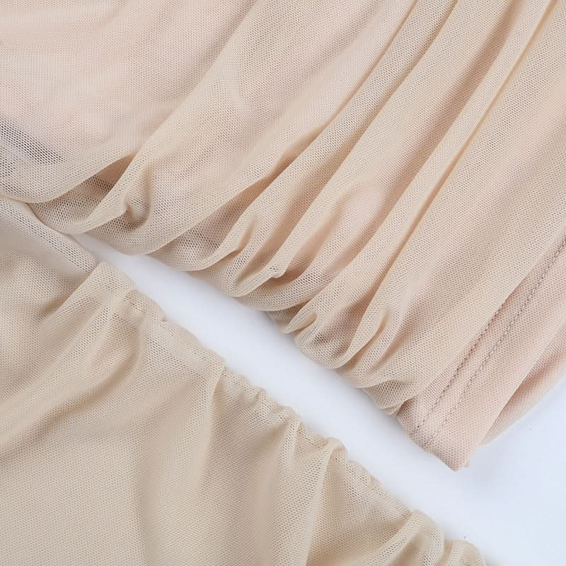 Chic Fall Nights: Off-Shoulder Ruched Mesh Long Sleeve Crop Top