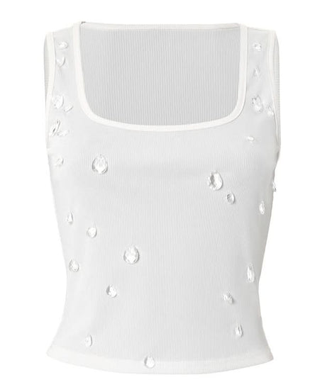 Chic Crystal Dewdrop Ribbed Square Neck Tank Top | Fall Glam Essential