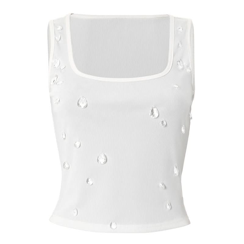 Chic Crystal Dewdrop Ribbed Square Neck Tank Top | Fall Glam Essential