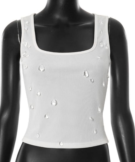Chic Crystal Dewdrop Ribbed Square Neck Tank Top | Fall Glam Essential