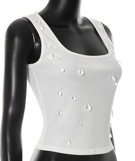 Chic Crystal Dewdrop Ribbed Square Neck Tank Top | Fall Glam Essential