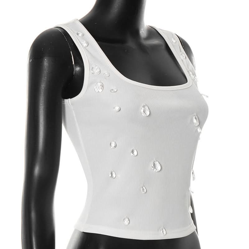 Chic Crystal Dewdrop Ribbed Square Neck Tank Top | Fall Glam Essential