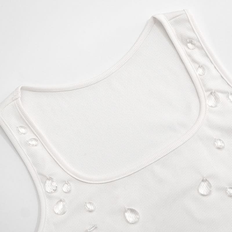 Chic Crystal Dewdrop Ribbed Square Neck Tank Top | Fall Glam Essential