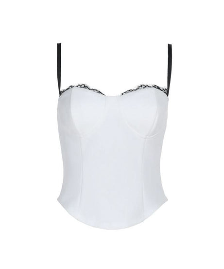 Elegant White Sweetheart Bustier Top with Black Lace Trim – Fall & Holiday Season Essential