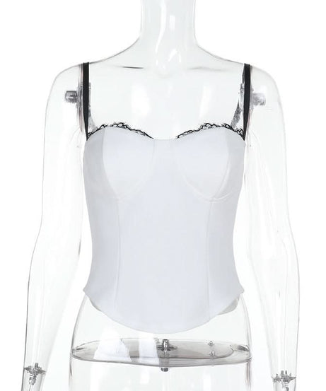Elegant White Sweetheart Bustier Top with Black Lace Trim – Fall & Holiday Season Essential