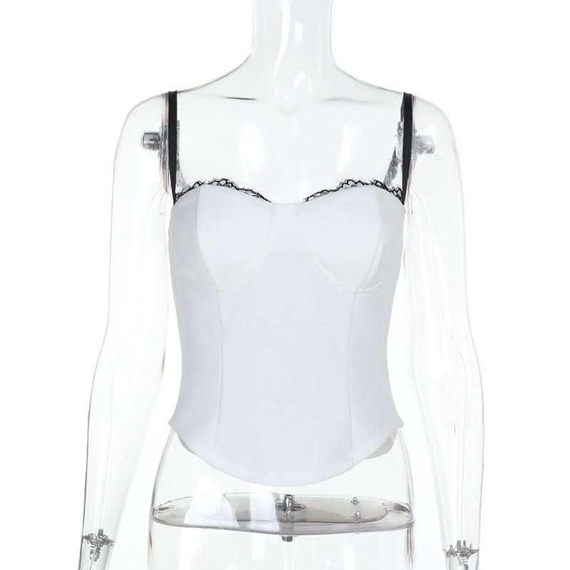 Elegant White Sweetheart Bustier Top with Black Lace Trim – Fall & Holiday Season Essential