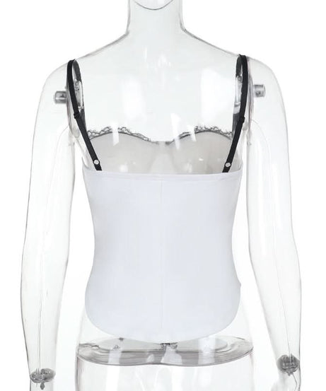 Elegant White Sweetheart Bustier Top with Black Lace Trim – Fall & Holiday Season Essential