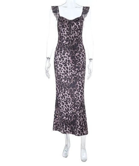 Fierce Fall Style: Women's Leopard Print Ruffle Tie-Neck Maxi Dress - Holiday & Date Night Ready
