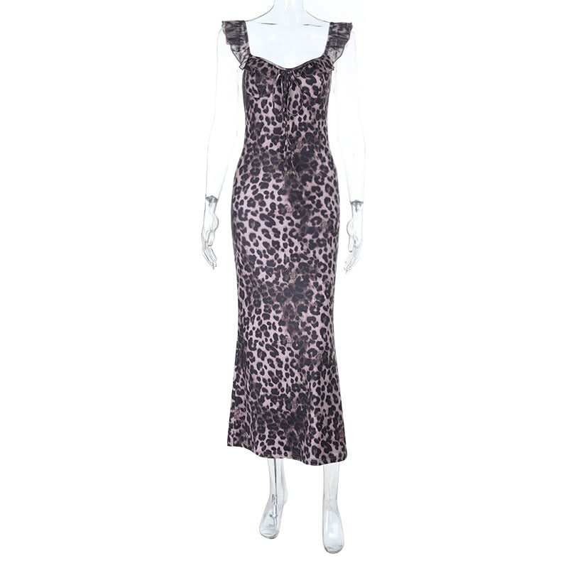 Fierce Fall Style: Women's Leopard Print Ruffle Tie-Neck Maxi Dress - Holiday & Date Night Ready
