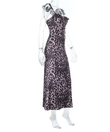 Fierce Fall Style: Women's Leopard Print Ruffle Tie-Neck Maxi Dress - Holiday & Date Night Ready