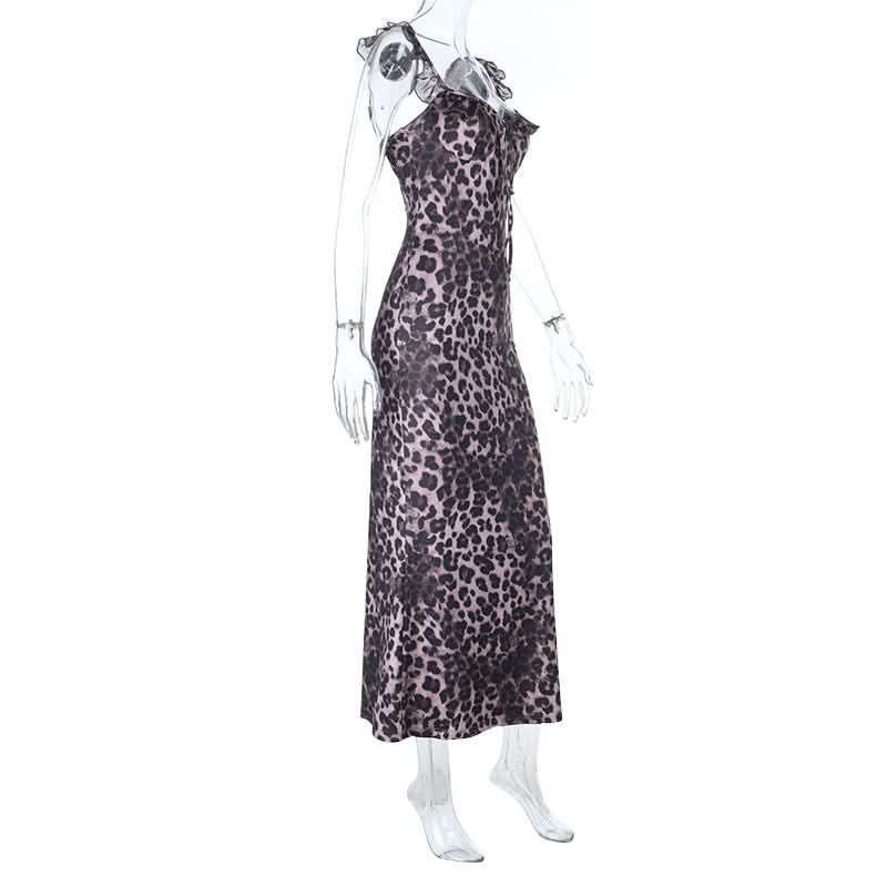 Fierce Fall Style: Women's Leopard Print Ruffle Tie-Neck Maxi Dress - Holiday & Date Night Ready