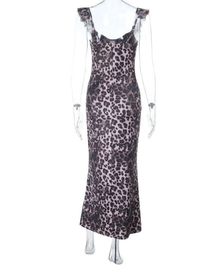 Fierce Fall Style: Women's Leopard Print Ruffle Tie-Neck Maxi Dress - Holiday & Date Night Ready