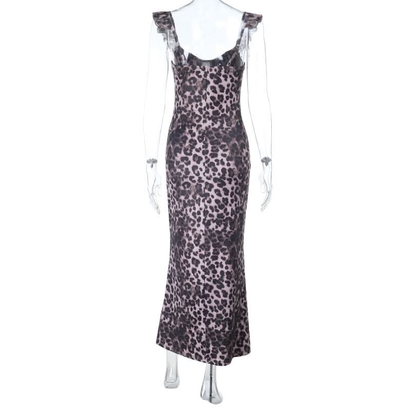 Fierce Fall Style: Women's Leopard Print Ruffle Tie-Neck Maxi Dress - Holiday & Date Night Ready