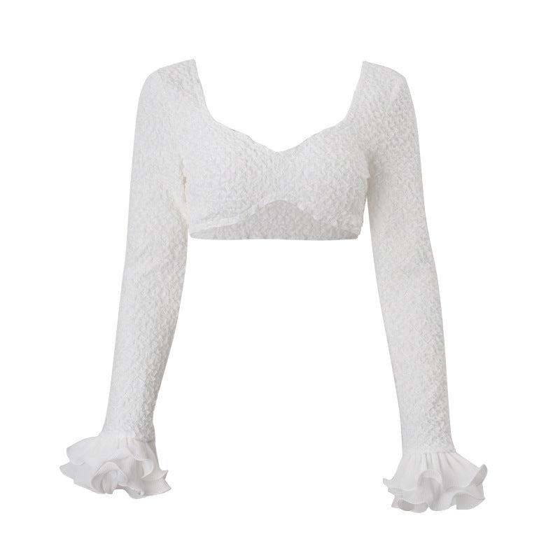 Chic Textured Sweetheart Ruffle Crop Top – Fall & Holiday Style