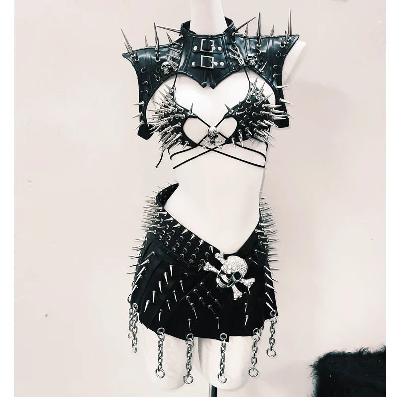 Unleash Your Inner Rebel: Women's Spiked Skull Goth Punk Halter Top & Mini Skirt Set – Your Ultimate Halloween, Rave & Festival Look!