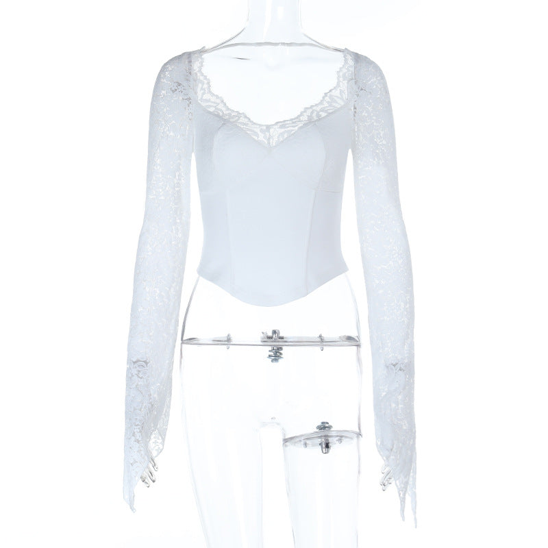 Enchanting White Lace Long Sleeve Corset Top | Romantic V-Neck Blouse for Fall & Holiday Glam