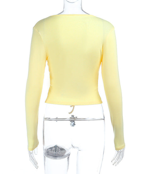 Chic Butter Yellow Tie-Front Long Sleeve Top | Lace Trim V-Neck Fall Essential
