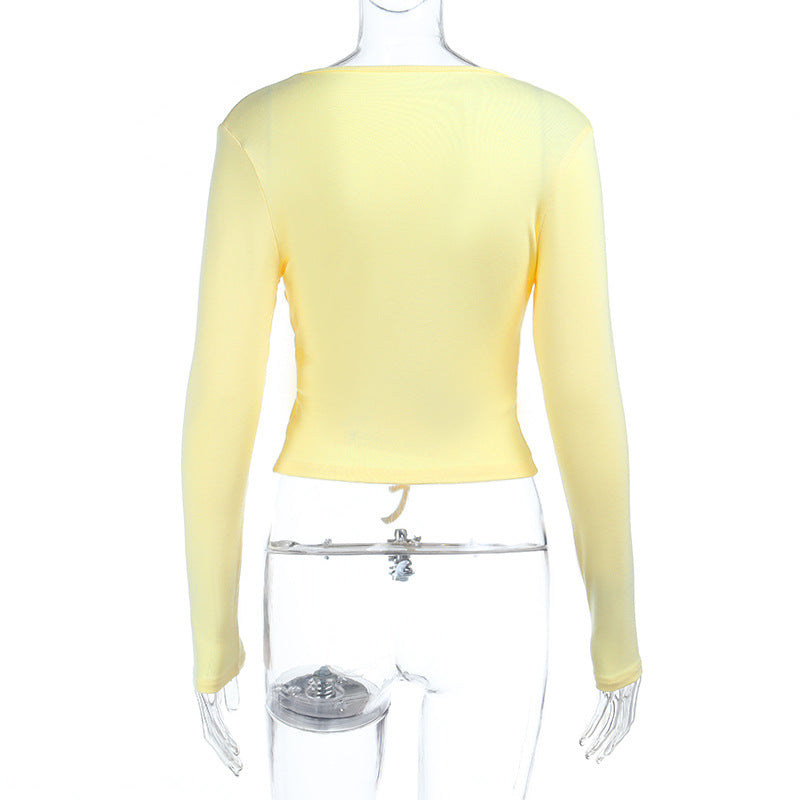 Chic Butter Yellow Tie-Front Long Sleeve Top | Lace Trim V-Neck Fall Essential