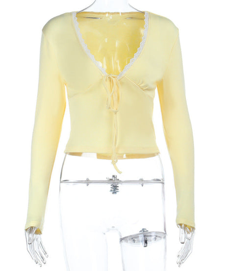Chic Butter Yellow Tie-Front Long Sleeve Top | Lace Trim V-Neck Fall Essential