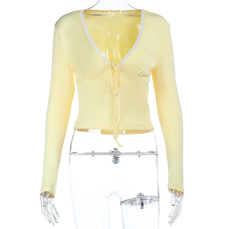 Chic Butter Yellow Tie-Front Long Sleeve Top | Lace Trim V-Neck Fall Essential