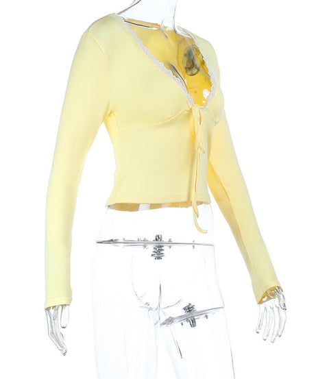 Chic Butter Yellow Tie-Front Long Sleeve Top | Lace Trim V-Neck Fall Essential