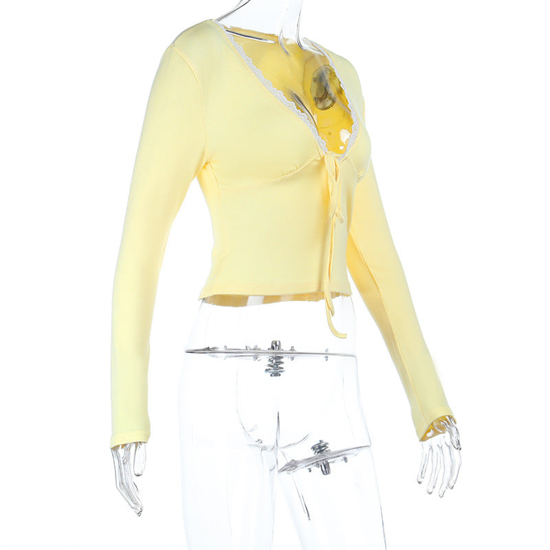 Chic Butter Yellow Tie-Front Long Sleeve Top | Lace Trim V-Neck Fall Essential