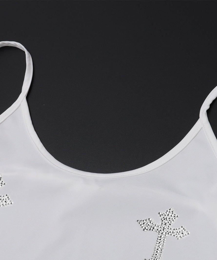 Sparkle & Slay: Rhinestone Cross Bodycon Cami Mini Dress - Edgy Fall Party Style