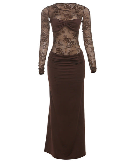 Sophisticated Fall Romance: Brown Lace Ruched Long Sleeve Maxi Dress