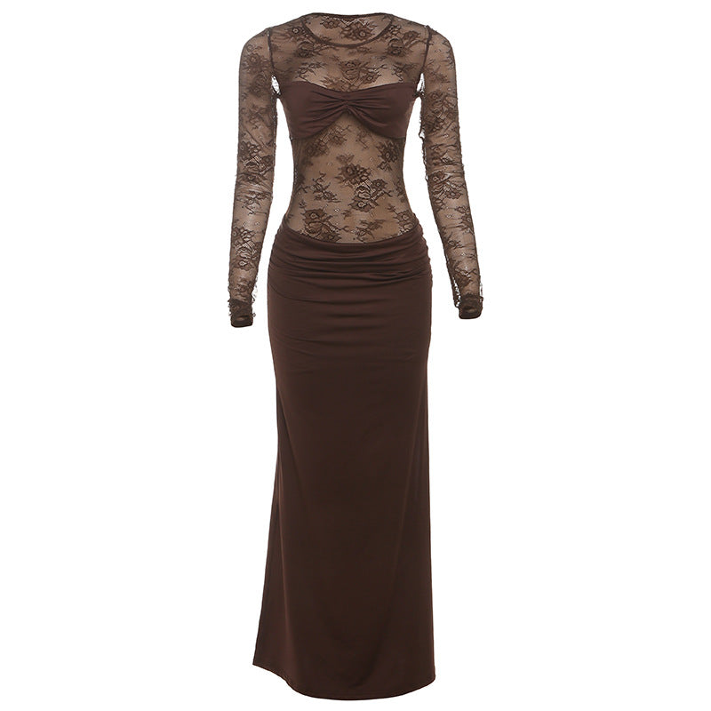 Sophisticated Fall Romance: Brown Lace Ruched Long Sleeve Maxi Dress