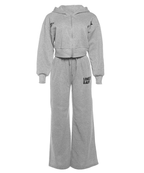 Chic Fall Comfort: 'Lonely Baby' Cropped Zip-Up Hoodie & Wide Leg Sweatpant Set – Essential Loungewear for Women