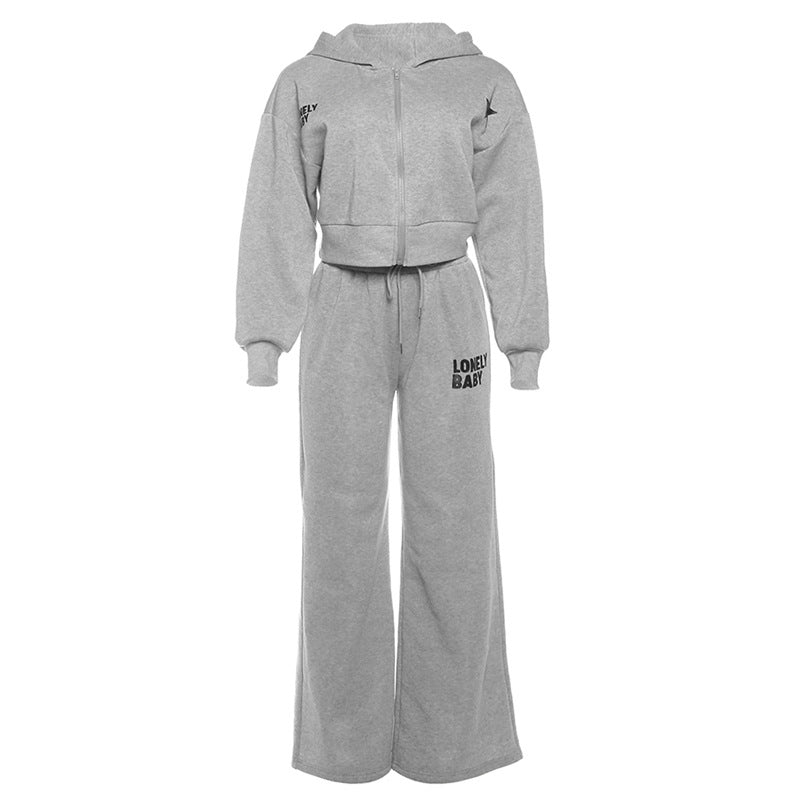 Chic Fall Comfort: 'Lonely Baby' Cropped Zip-Up Hoodie & Wide Leg Sweatpant Set – Essential Loungewear for Women