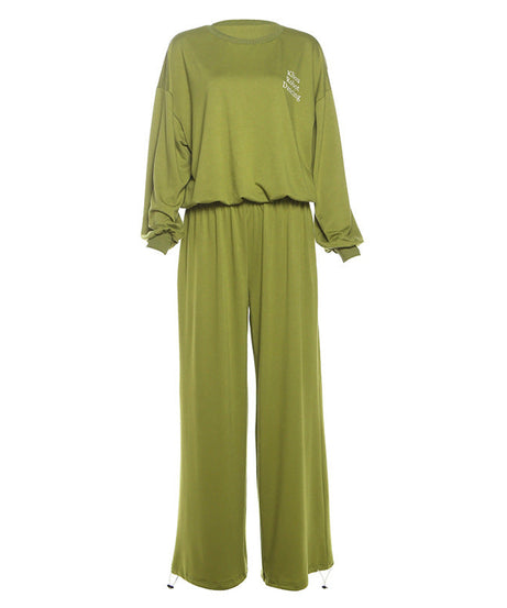 Cozy Fall Comfort: Women's Olive Green 2-Piece Loungewear Set - Chic Wide-Leg Pants & Crewneck Top
