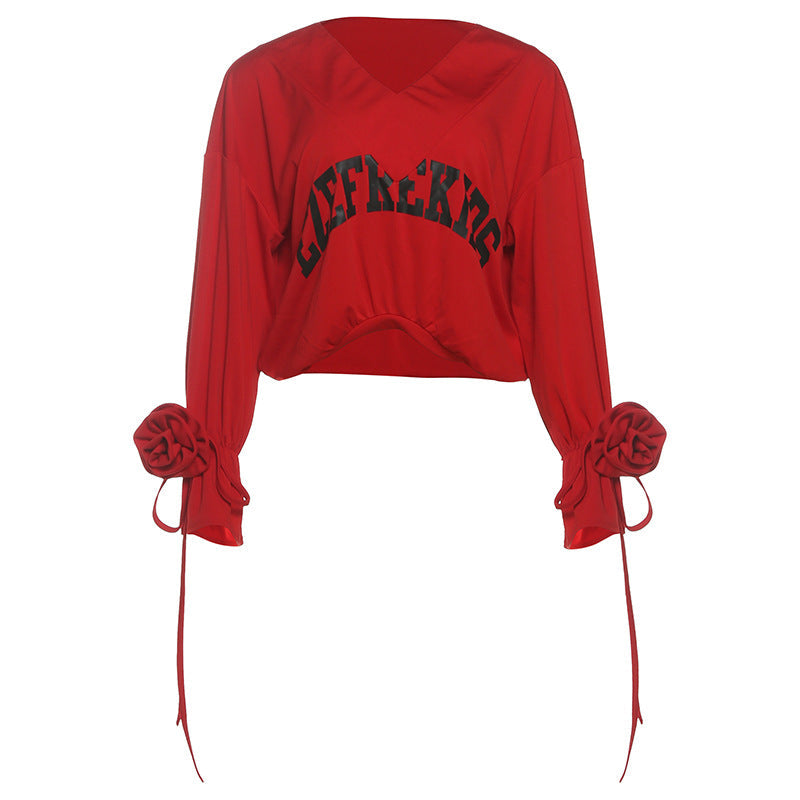 Red Hot Graphic V-Neck Crop Top | Statement Rose Tie Sleeves | Fall '25 Street Style Essential