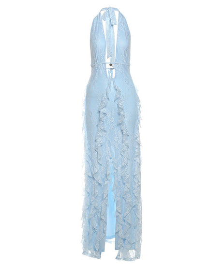 Stunning Sky Blue Lace Halter Maxi Dress - Ruffle Slit for Resort & Destination Weddings