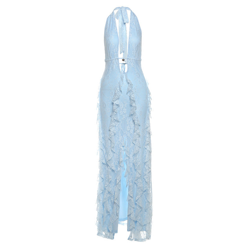 Stunning Sky Blue Lace Halter Maxi Dress - Ruffle Slit for Resort & Destination Weddings