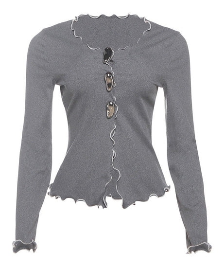 Chic Grey Scalloped Knit Cardigan Top | Statement Buttons | Fall Fashion Essential