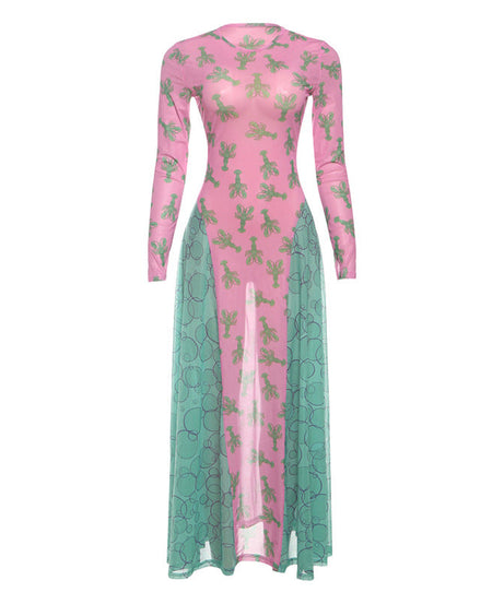 Effortless Edge: Pink & Teal Lobster Claw Mesh Maxi Dress - Fall Statement Piece