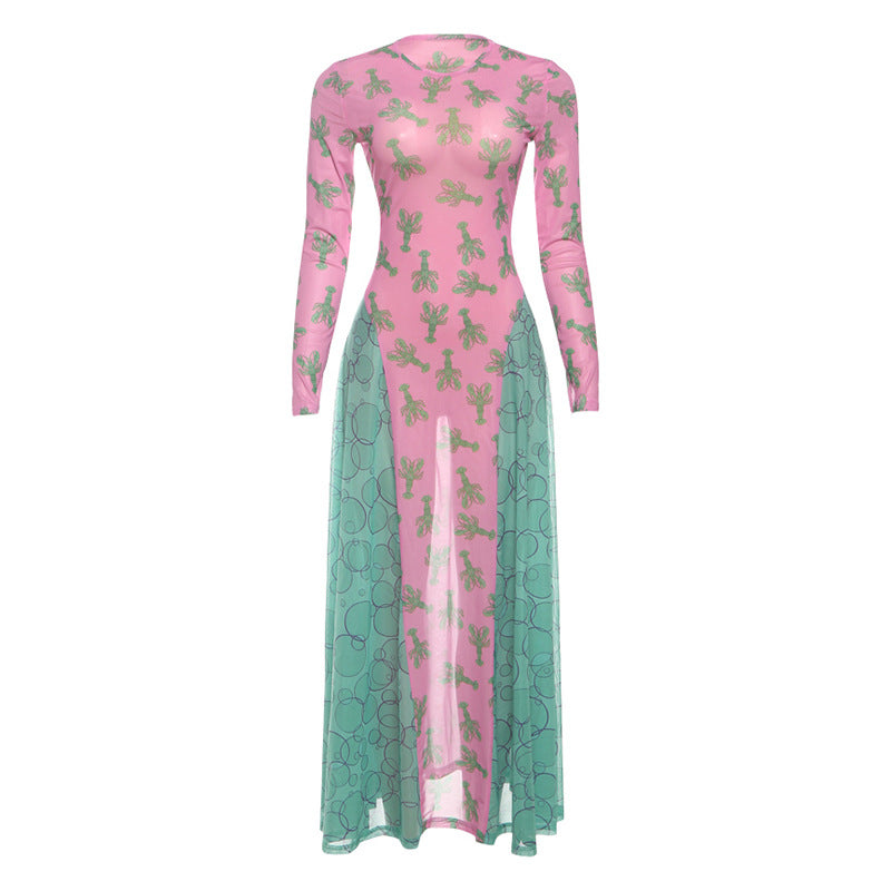 Effortless Edge: Pink & Teal Lobster Claw Mesh Maxi Dress - Fall Statement Piece