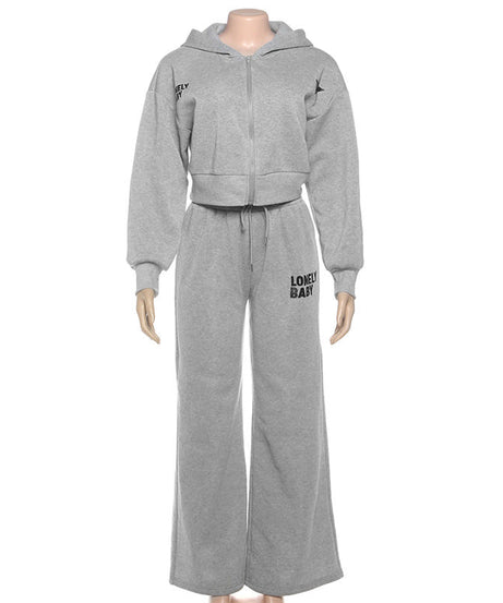 Chic Fall Comfort: 'Lonely Baby' Cropped Zip-Up Hoodie & Wide Leg Sweatpant Set – Essential Loungewear for Women