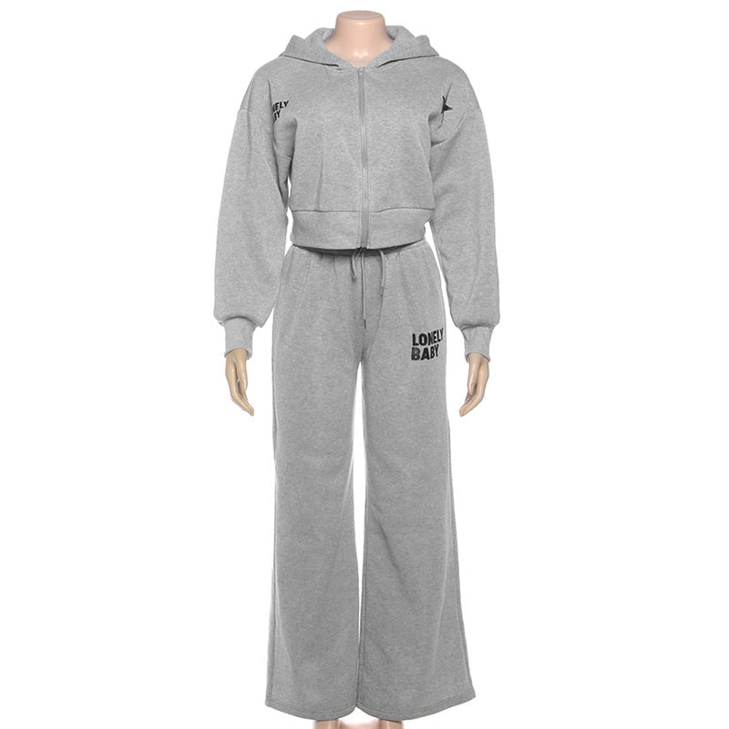 Chic Fall Comfort: 'Lonely Baby' Cropped Zip-Up Hoodie & Wide Leg Sweatpant Set – Essential Loungewear for Women