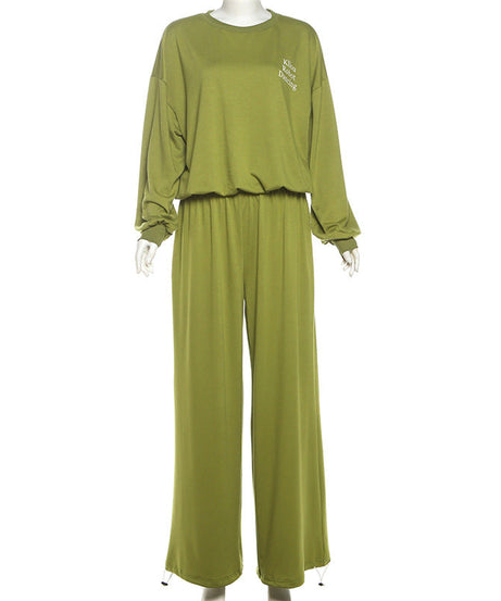 Cozy Fall Comfort: Women's Olive Green 2-Piece Loungewear Set - Chic Wide-Leg Pants & Crewneck Top