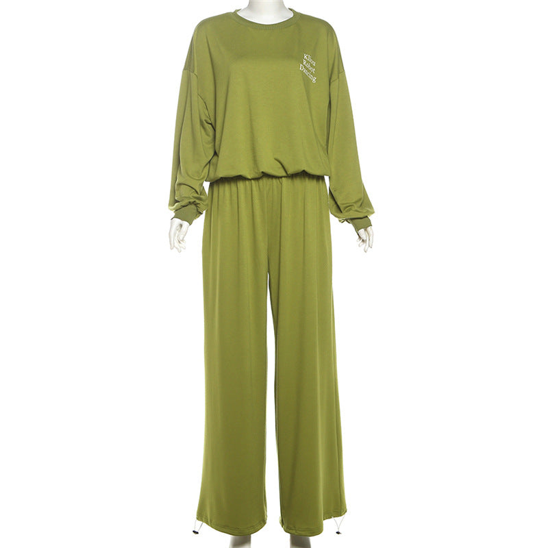 Cozy Fall Comfort: Women's Olive Green 2-Piece Loungewear Set - Chic Wide-Leg Pants & Crewneck Top