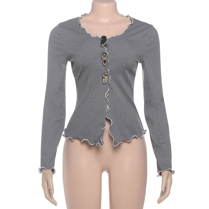 Chic Grey Scalloped Knit Cardigan Top | Statement Buttons | Fall Fashion Essential