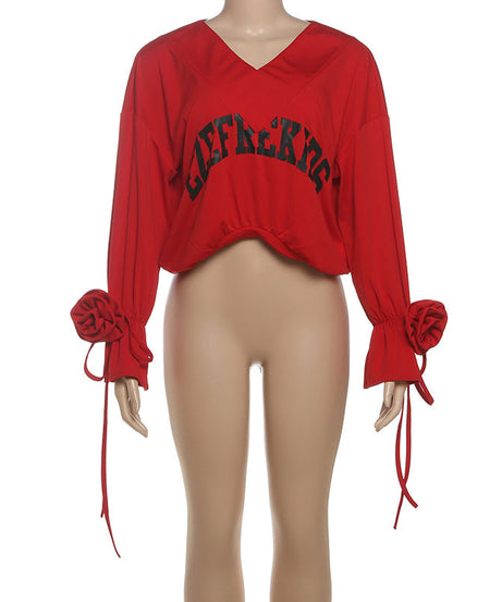 Red Hot Graphic V-Neck Crop Top | Statement Rose Tie Sleeves | Fall '25 Street Style Essential