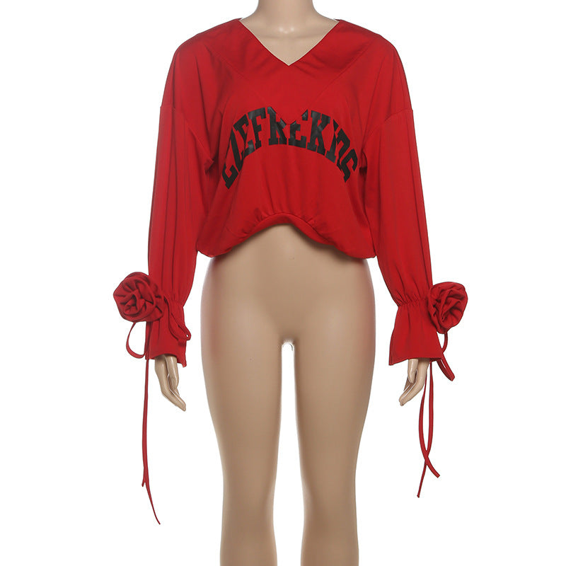 Red Hot Graphic V-Neck Crop Top | Statement Rose Tie Sleeves | Fall '25 Street Style Essential