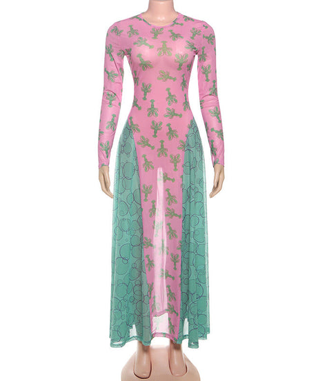 Effortless Edge: Pink & Teal Lobster Claw Mesh Maxi Dress - Fall Statement Piece