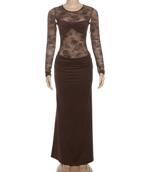 Sophisticated Fall Romance: Brown Lace Ruched Long Sleeve Maxi Dress