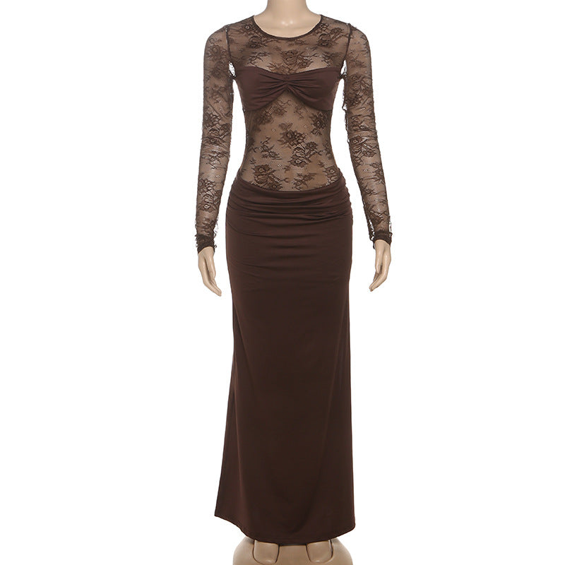 Sophisticated Fall Romance: Brown Lace Ruched Long Sleeve Maxi Dress