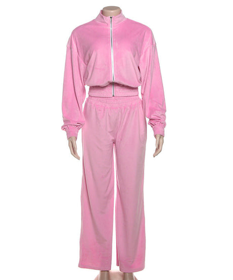 Plush Pink Velvet Tracksuit | Cozy Chic Fall & Winter Loungewear Set for Women